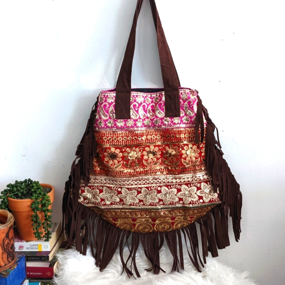 Boho Fringe Embroidered Sequin Embellished Banjara Hobo Tote Shoulder Bag